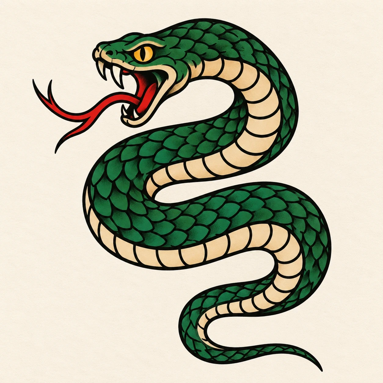 Green coiled snake with a red forked tongue and cream belly