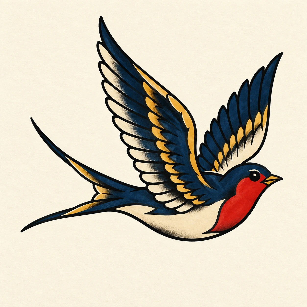 Blue and cream swallow with spread wings and a red throat