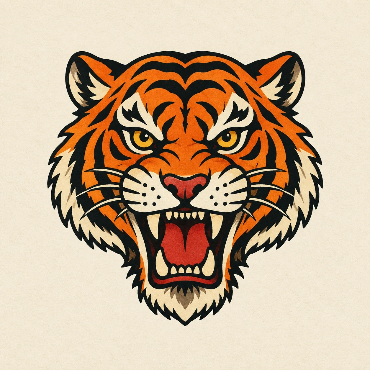 Orange tiger head with black stripes and an open red mouth
