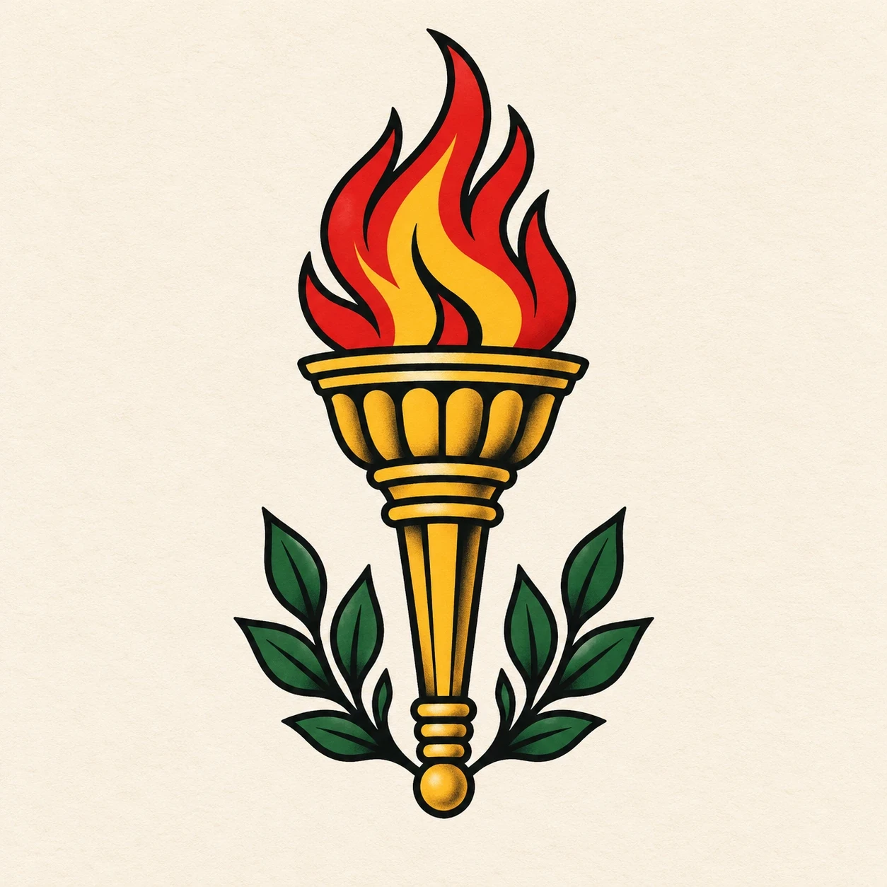 Gold torch with a red and yellow flame and simple green leaves