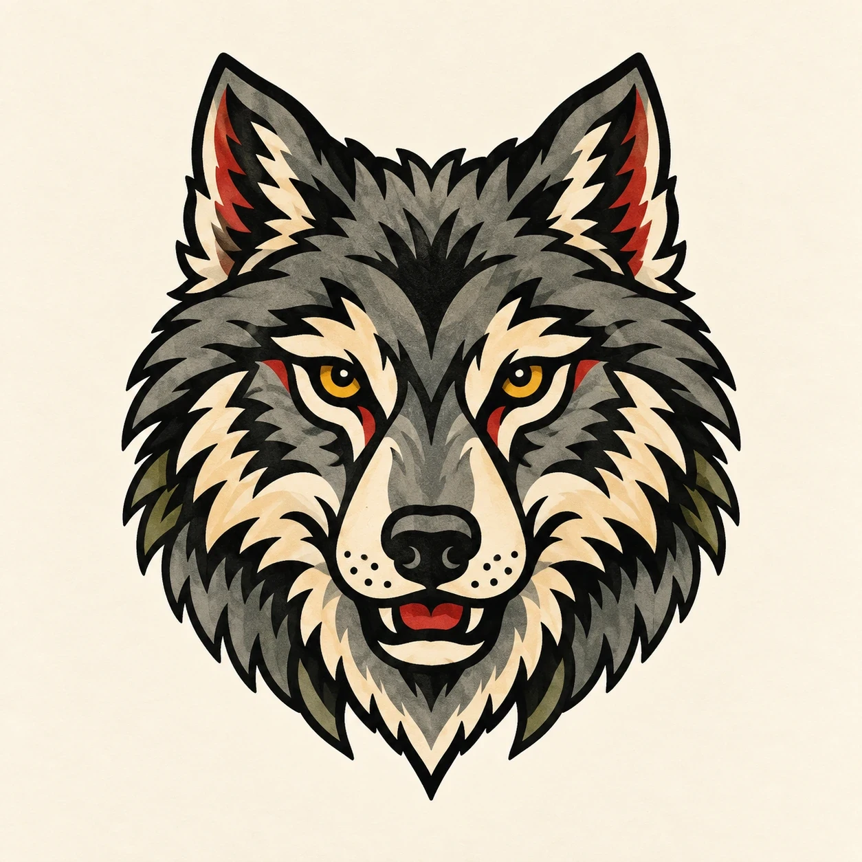 Grey wolf head with pointed ears and restrained red accents