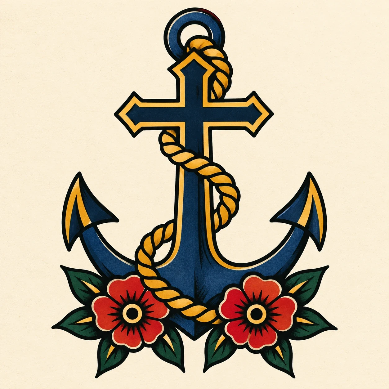 Blue anchor and cross motif with rope and red flowers