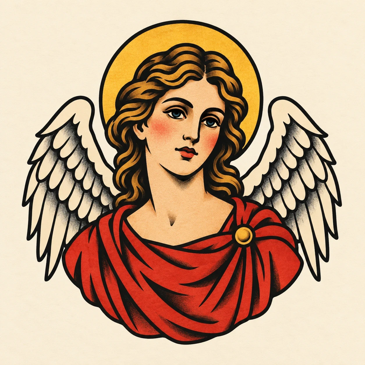 Adult angel portrait with a halo, white wings and red garment