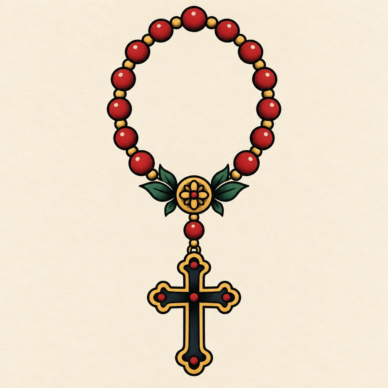 Black cross below a decorative loop of red beads