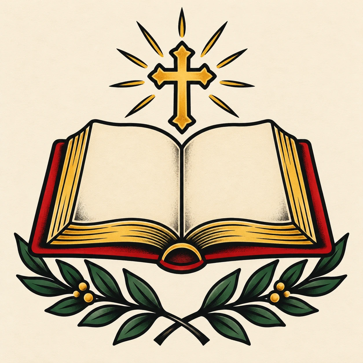 Open book with a gold cross and green leaves