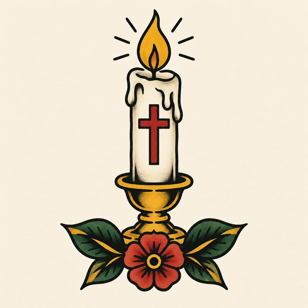 Burning ivory candle with a red cross and small floral base