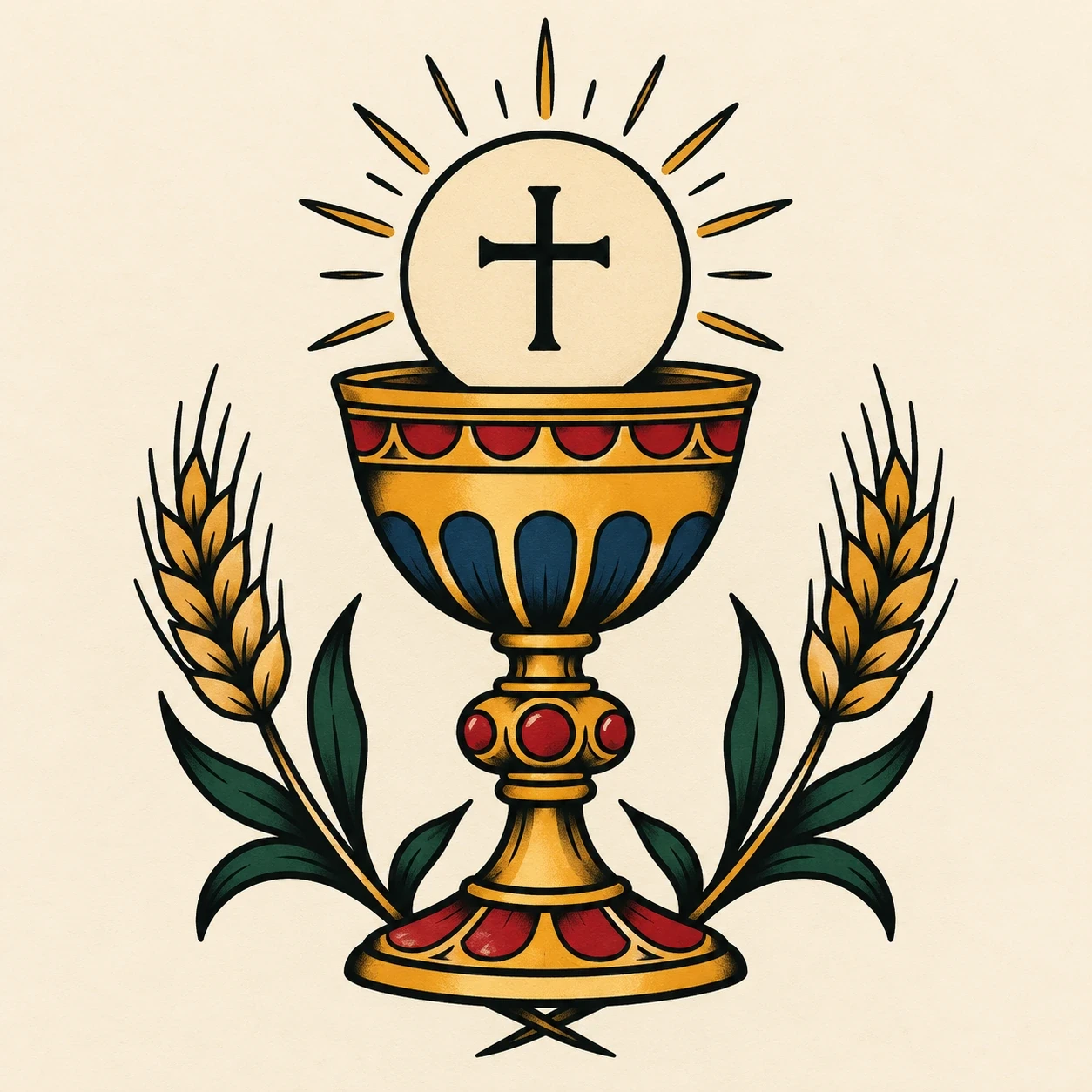 Gold chalice, cross-marked host and wheat stems