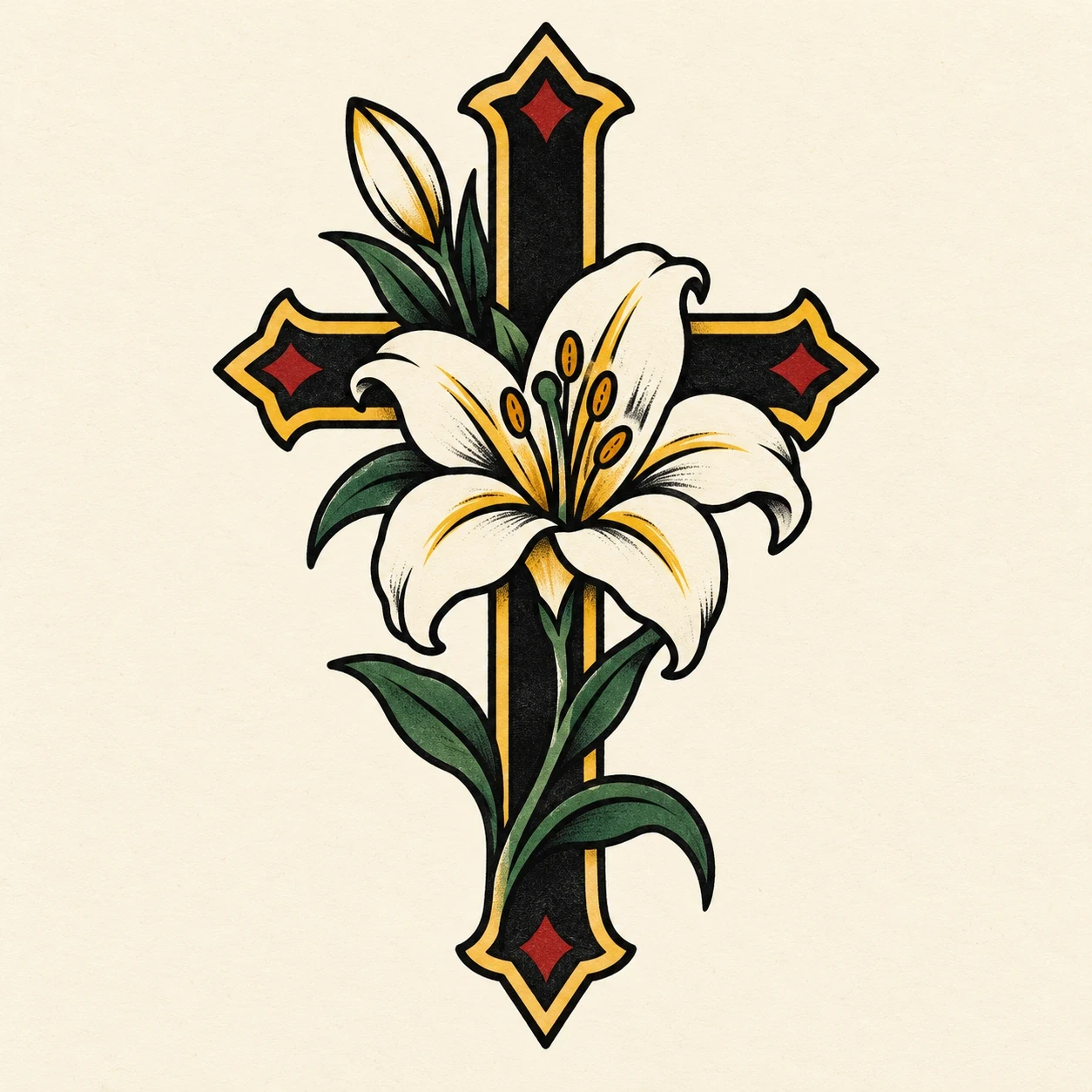 Dark cross with a white lily and green leaves