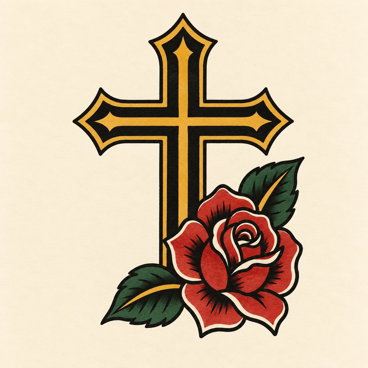 Black and gold cross with a red rose and green leaves