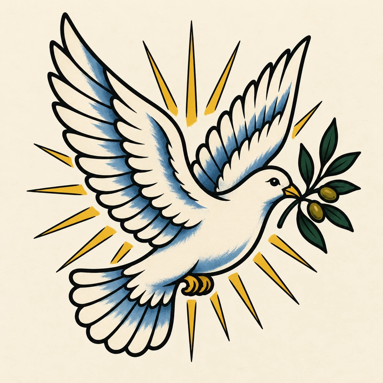 White dove carrying an olive sprig with gold rays