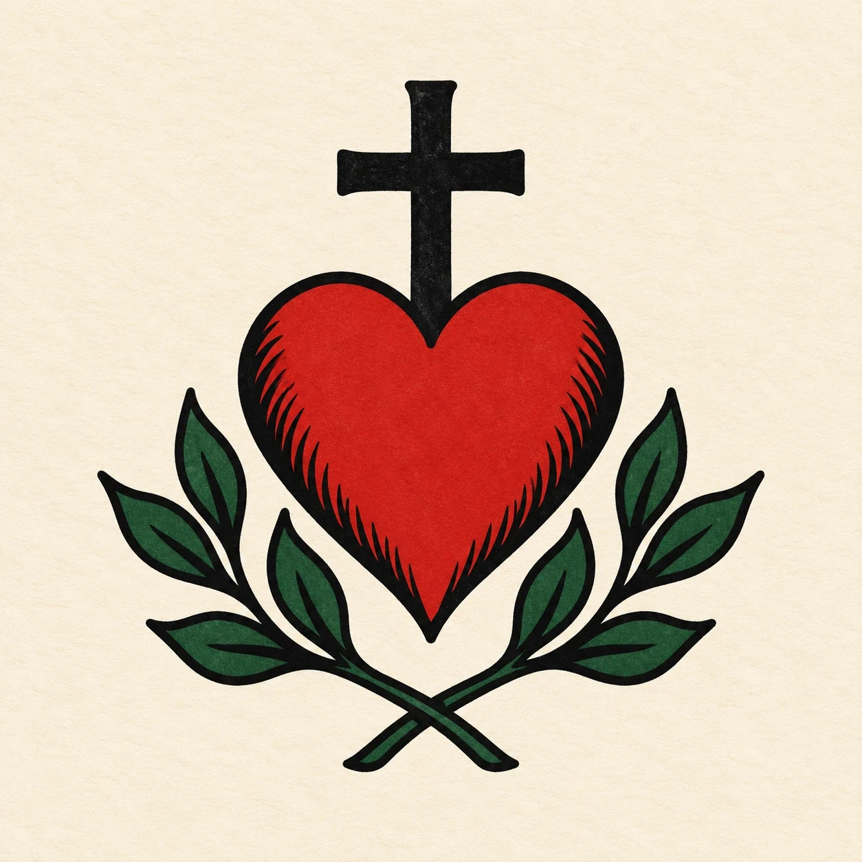 Red heart and black cross with green leafy stems