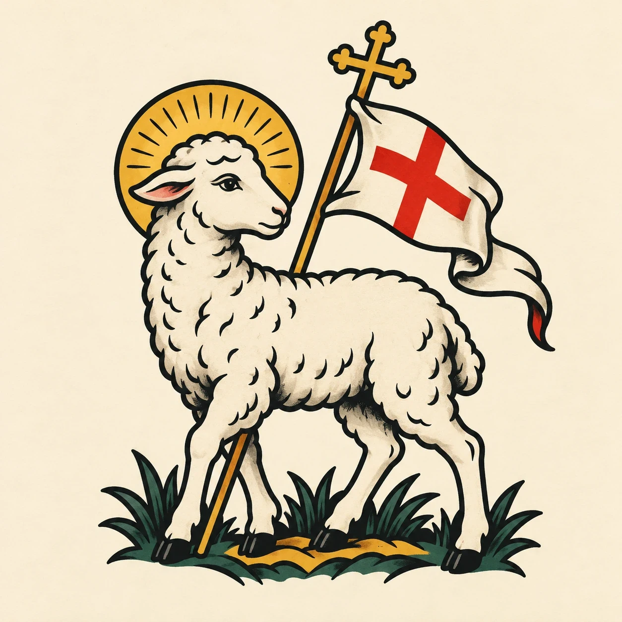 White lamb with a halo beside a cross-marked pennant