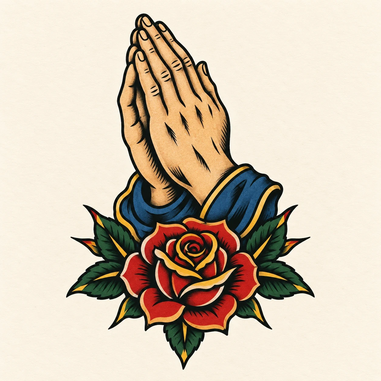 Praying hands with blue cuffs and a red rose