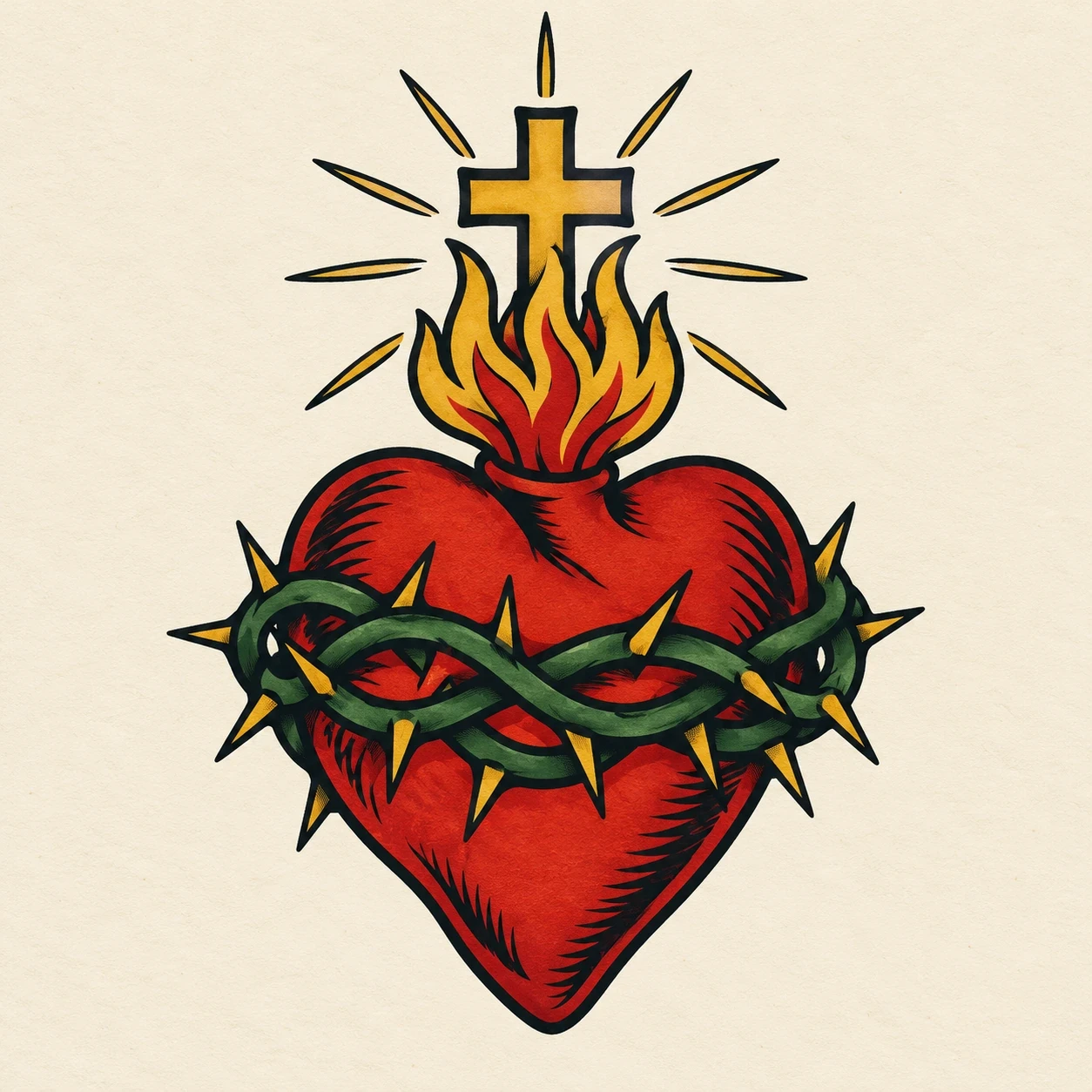 Traditional red Sacred Heart with dark thorns and yellow flames