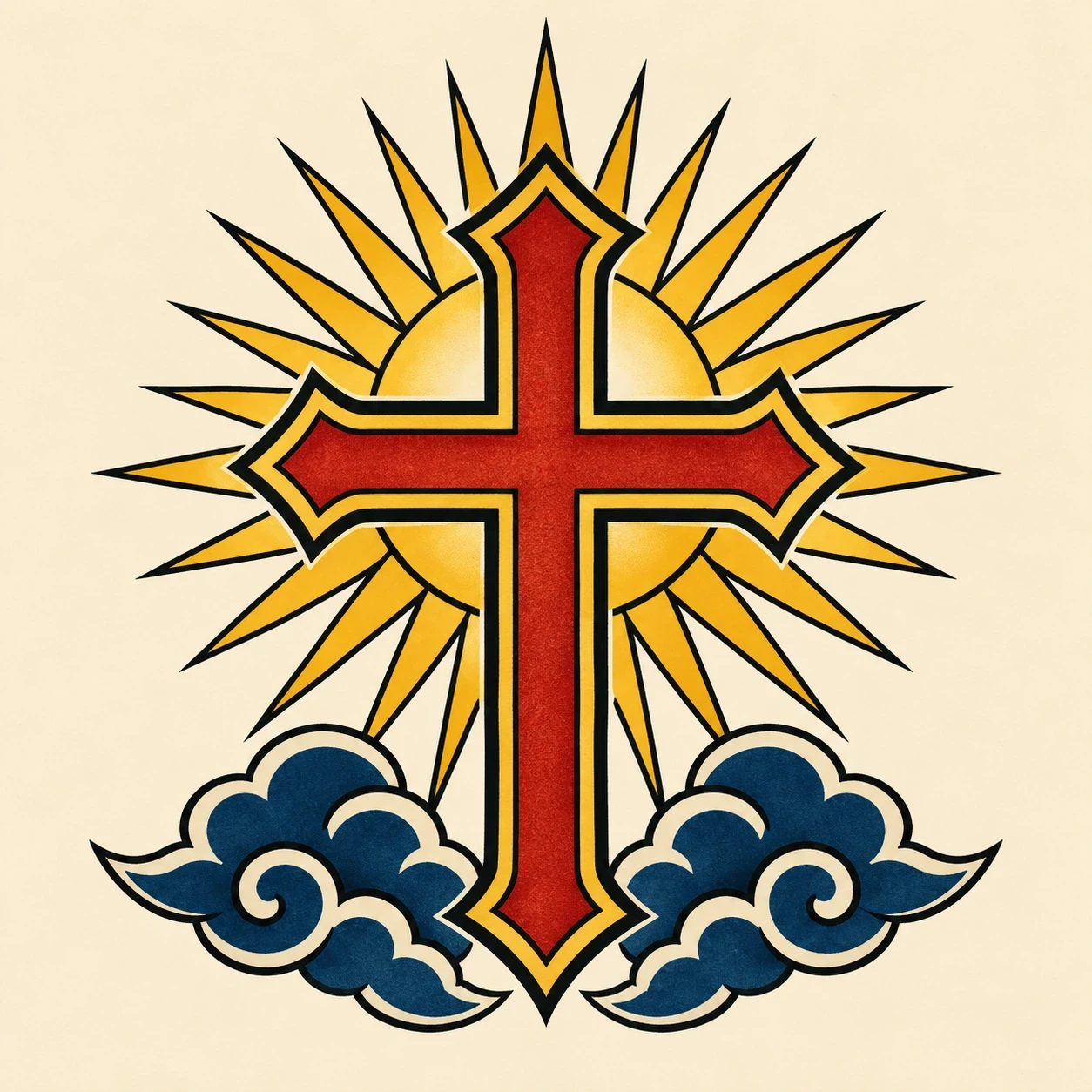 Red cross with golden rays and blue cloud accents
