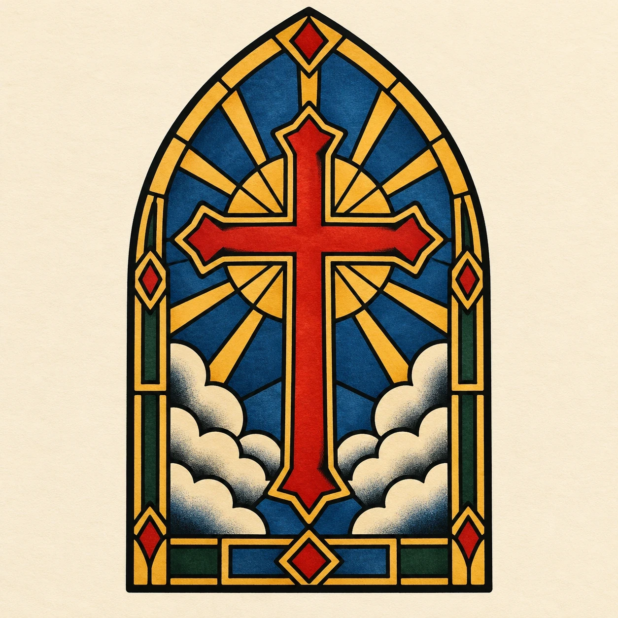 Church-window-inspired arch with a red cross and blue and gold panes